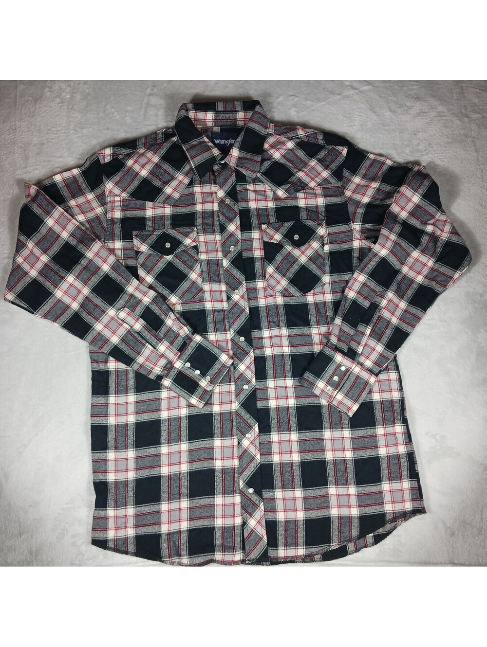 Wrangler Western Pearl Snap Shirt Size Large Tall Black Red Plaid Cowboy Rodeo